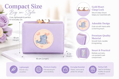 Image of Valerie Cute Small Wallets Clutch for Teen Girl Women PU Leather Trifold Small Wallet Cash Pocket 3D Buckle Card Holder Coin Purse with ID Window for Girls Women (Purple cat)