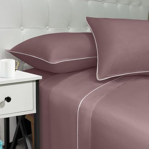 NARCISO - Lenzuola Matrimoniali 100% Cotone Made in Italy, Completo Letto Matrimoniale con Profilo Decorativo Moderno, Fantasia Tinta Unita in Varie Colorazioni, Cipria