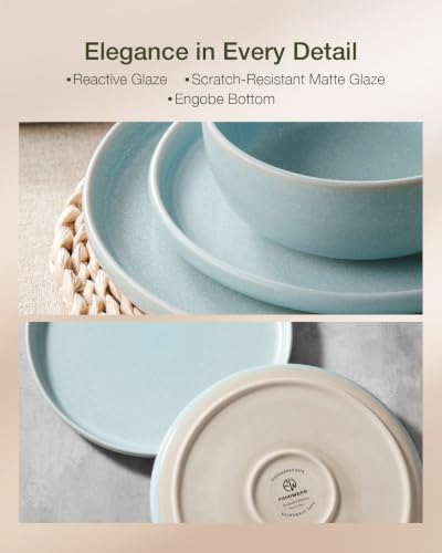 Image of Famiware Milkyway Plates and Bowls Sets, 12 Pieces Dinnerware Sets, Reactive Glaze Dish Set, Stoneware Dishes Set for 4, Light Blue