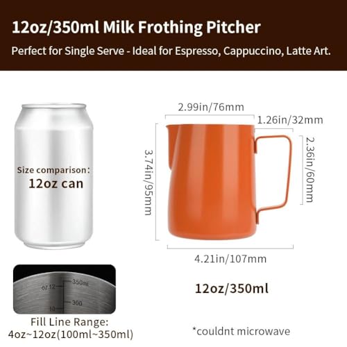 Image of watchget 12oz Milk Frothing Pitcher Stainless Steel Espresso Steaming Jug | Clear Internal Scale, Milk Coffee Cappuccino Latte Art Barista Steam Pitchers,Barista Coffee Bar Accessories, 350ml, Orange