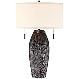 Franklin Iron Works Noah Rustic Farmhouse Industrial Vintage Table Lamp with USB Charging Port 31' Tall Bronze Oatmeal Drum Shade for Living Room Bedroom House Bedside Nightstand Home Office