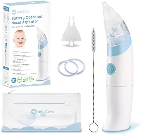 miu Care Baby Nasal Aspirator Electric, Electric Nose Suction for Baby with 2 Silicone Tips, Battery Operated Nose Sucker with Cleaning Brush and Carrying Pouch