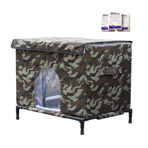 猫用屋外シェルター - 断熱防水防寒テント - 屋外用猫ハウス 高床ベースと透明窓付き | 犬 子猫 鶏 動物用 屋外 パティオ バルコニー