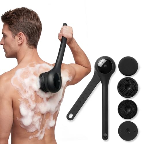 Electric Body Brush Back Scrubber for Shower Waterproof Long Dual Handle Power Body Scrubber with 3 Heads Bath Brush & 2 Speeds for Cleansing Exfoliating and Massaging Skin Black
