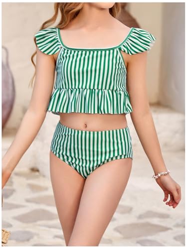 Image of Floerns Girl's 2 Piece Swimsuits Striped Ruffle Hem High Waisted Bathing Suit