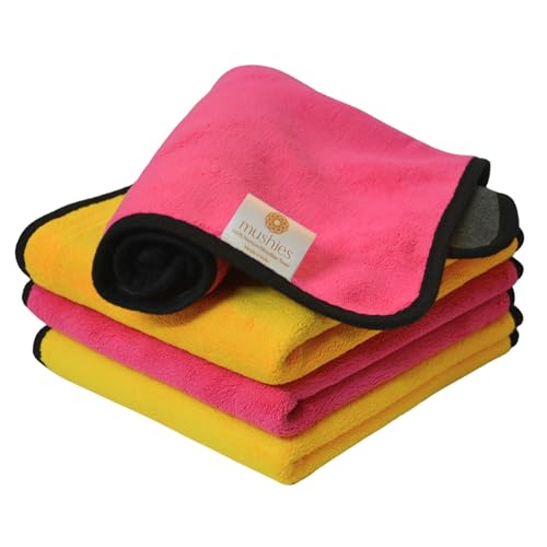 Image of MUSHIES 800 GSM Microfiber Cloth (40x40 cm, Pack of 4) Double Layered Highly Absorbent Heavy Plush Microfibre Towel Cloth for Car Cleaning, Washing, Drying, Polishing & Detailing (Pink /Yellow)