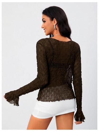 Image of Milumia Women's Y2K Textured Mesh Cardigan Shrug Tie Front Tops | Lettuce Trim , Long Sleeve, Open Front, Sheer, Flared, Club Party, Going Out, Rave, Cover Ups