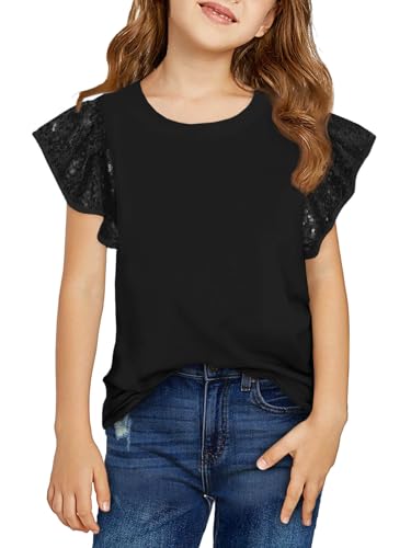 Haloumoning Girls Ruffle Short Sleeve T Shirts Sequin Casual Cute Crewneck Tops Blouses 5-14Y