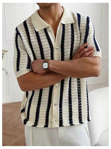 WDIRARA Men's Big and Tall Striped Crochet Button Down Shirt Half Sleeve Collared Knit Tops4