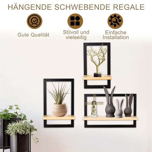hi-home Set mit 3 Wandregalen, Schwebende Regal für die Wand Deko, Hängeregale zur Wandaufbewahrung, Quadratische Bücherregal Wand, Wandregal Holz Hängeregal für Schlafzimmer, Wohnzimmer, Braun