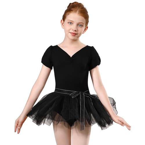 HIPPOSEUS Filles Tutu de Ballet Robe de Danse avec Rubans Justaucorps Danse Manche Courte pour Enfant, STD1-Noir,8-9 Années