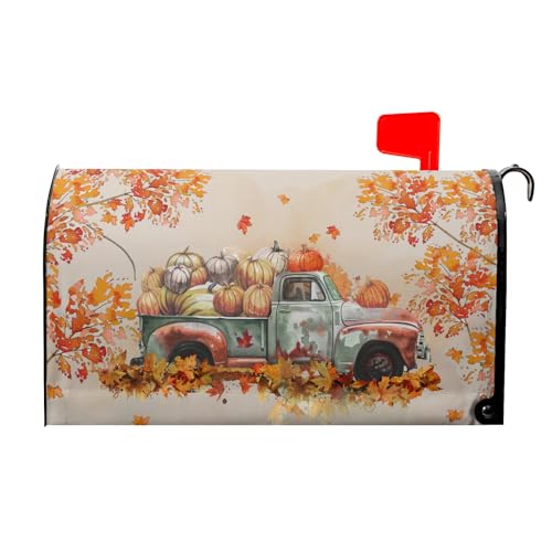 Image of Hello Fall Magnetic Mailbox Cover - Standard Size 18 inchx21 inch Thanksgiving Truck Pumpkins Autumn Harvest Mailbox Wraps - Post Letter Box Decorations for Outside Home Garden Yard