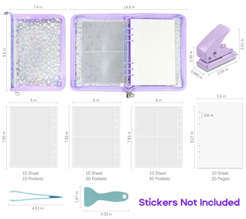 Image of 7 in 1 Sticker Storage Organizer, A5 Reusable Binder with Storage Sleeves, Sticker Book for Collecting Zipper Album Holder with Tools (Stickers Not Included)