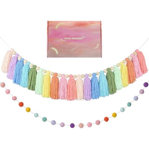 2pcs Boho Tassel Garland,Pom Pom Tassel,6.5 Feet Long 20 Balls Ball Garland,Colorful Wall Hanging Party Decorative Banner Pastel,Home Decoration Wedding Birthday Baby Shower