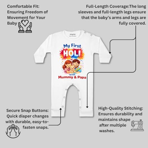 Image of ARVESA My First Holi Baby Jumpsuit for Baby Boy and Baby Girl White Cotton 0-12 Months Design No 2123 My First Holi Mummy & Papa