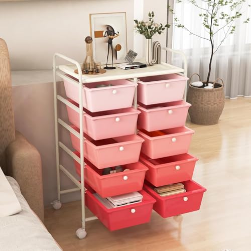 Image of LDAILY 10 Drawer Rolling Cart, Storage Cart Organizer on Wheels, Drawer Cart with Metal Frame & Large Storage Capacity, Rolling Cart with Drawers for Living Room Classroom, Office