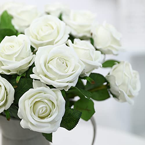12 Pcs Artificial Roses Flowers Silk Velvet Realistic Blossom Rose Long Stem Bouquets For Home Wedding Party Decoration(White) #TOP4
