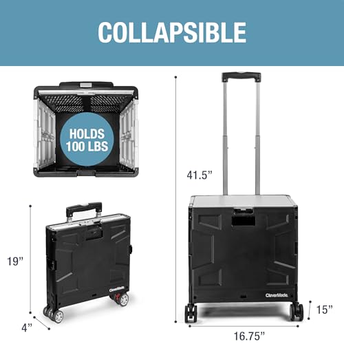 CleverMade Collapsible Wheeled Crate with Lid, 4-Wheels - Swivel and Glide Rolling Crate with Handle and Double Wheels for Easy Transport and Versatile Use - 55L and 100lb Capacity, Cool Gray