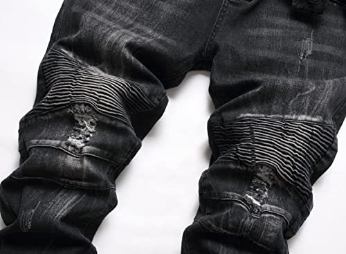 Men's Biker Slim Fit Ripped Jeans with Zipper, Straight Leg Distressed Destroyed Stretch Denim Pants3