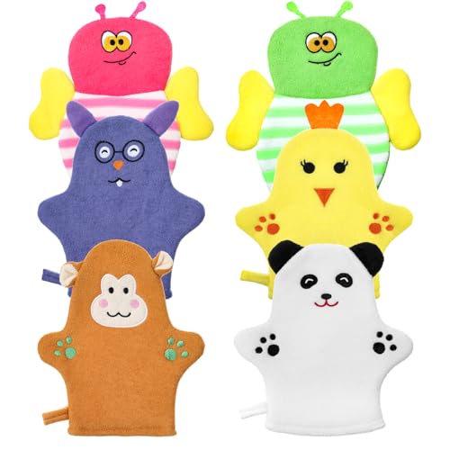 Image of Sibba 6 Pcs Baby Bath Mitt Washcloths Gloves, Gentle Cute Exfoliating Wash Mitt Animal Pattern, Baby Mittens Bath Towel Glove Soft Scrub Toddler Wash Cloths Body Scrubber Bathing Loofah Infant Gloves