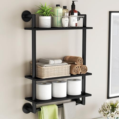 STWWO Bathroom Shelves Wall Mounted, 3 Tier Black Bathroom Shelf with Towel Bar, 26in Stainless...