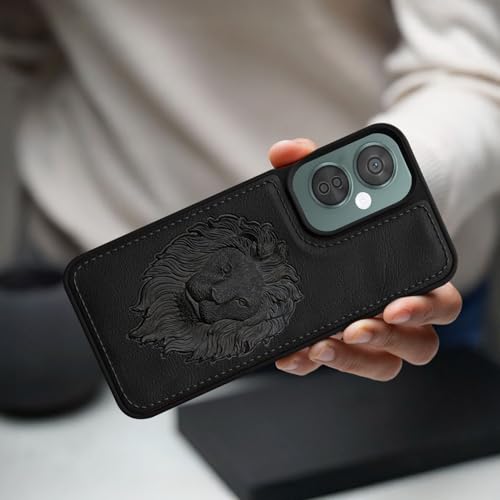 Image of Vaku Luxos Lion Embossed Back Cover Case for OnePlus Nord CE 3 Lite Premium Leather Stitched Soft Shockproof Protective TPU Phone Case Camera Screen Protector- Black
