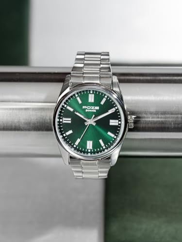 Image of Sonata Poze 6 Chrome Calling Quartz Green Round Dial Men's Watch | SS Cut Edge Strap Material | Watches for Men Analog - SP70033SM06