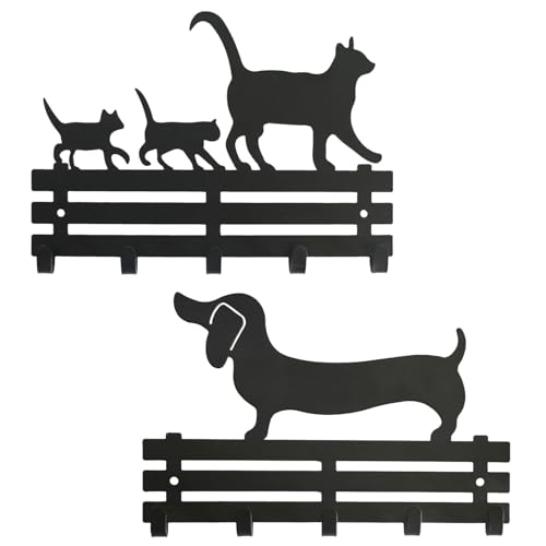 QZXYGY Key Holder on Wall, Metal Key Hooks with 5 Hooks,Wall Mounted cat&Dog Key Hooks Organizer Key Hanger Rack for Entrance, Front Door, Hallway, Kitchen, Office (Black 2pcs)