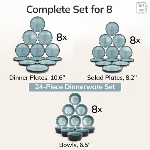 Image of 24 Piece Stoneware Dinnerware Set for 8 - Handmade Reactive Glaze Plates and Bowls Set - Chip & Scratch Resistant Dish Set - Dishwasher Microwave Safe - Black and Petrol Blue