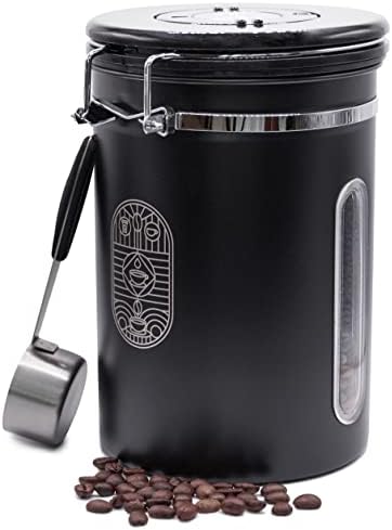 ALPACA VENTURES Stainless Steel Coffee Canister - Airtight Kitchen Food Storage Container with Date Tracker, CO2-Release Valve and Measuring Scoop For Ground Coffee, Beans, Tea, Sugar, Large (Black)