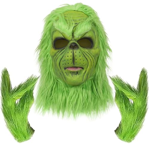 Applysu 3 Stück Grinch Maske Pelzige Grüne Monster Latex Maske mit Handschuhen Weihnachts Plüsch Cosplay Kostüm Requisiten