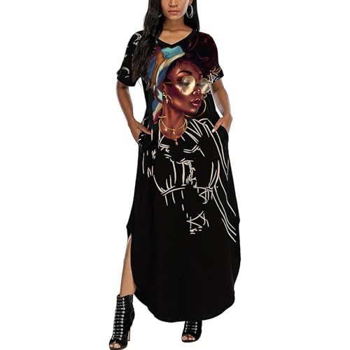 AZPSRT Black Womens African Black Melanin Maxi Dress Casual Long Dress with Pockets Cultural Girl Art-Inspired Design L