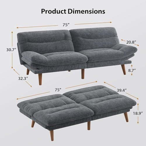 Image of Amada 75 inch Convertible Futon Sofa Bed, Corduroy Folding Futon Set with Adjustable Backrest &Armrests, Recliner Lounge for Living Room, Apartment or Office, Solid Wood Frame, Loveseat Sofa -Dark Grey