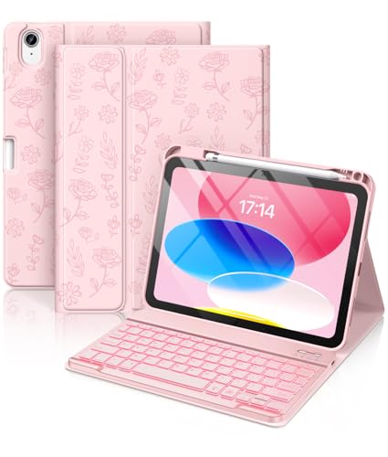 Hamile for iPad 11th 10th Generation Case with Keyboard - 7 Colors Backlit Wireless Detachable Folio Keyboard Cover with Pencil Holder for iPad A16 11-inch 2025 10th Gen 10.9 Inch 2022 (Pink Rose)