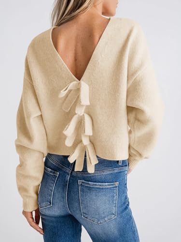 Image of Saodimallsu Womens Bow Sweater Cropped V Neck Long Sleeve Pullover Tops | Soft Cozy Knit, Two-Way Wear Design, Front & Back Bow, Cute Fall Tops 2026, Winter Fashion, Dressy Casual Holiday Outfits
