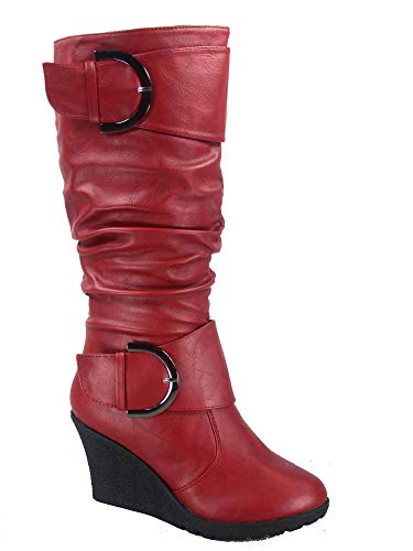TOP Moda Pure-65 Women's Fashion Round Toe Slouch Buckle Wedge Mid Calf Boot Shoes (10 B(M) US, Red)