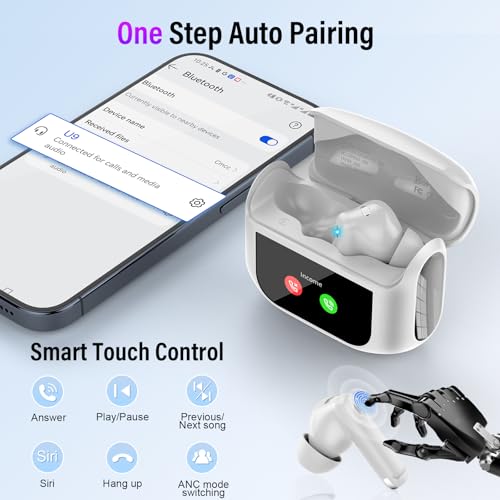 Thunelec Wireless Earbuds, with Multifunctional Touch Screen, 48H Bass Stereo with ANC/ENC Noise Cancelling/Transparency Mode, IPX7 Earphones with 5 EQ Modes, White by Thunelec - Image 8