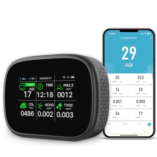 18-in-1 Smart Air Quality Monitor - Indoor WiFi Air Quality Detector with Dual Chip, Real-Time for AQI, CO2, PM2.5, PM1.0, PM10, TVOC, HCHO, Time Display, Temperature & Humidity with Aler (Black-B)