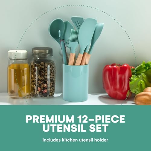 Image of 12 Pcs Silicone Kitchen Utensils Set with Holder | Heat Resistant Non-Stick Cooking Tools with Wooden Handles | Spatula, Spoon, Turner, Tongs Set | BPA Free Kitchen Accessories (12 PCS Set)