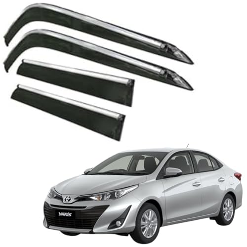 Image of CAR SAAZ Side Door Visors for Yaris (2018-2021)(Set of 4Pcs)|Chrome Lined Rain Guards, Polycarbonate, Smoke Finish