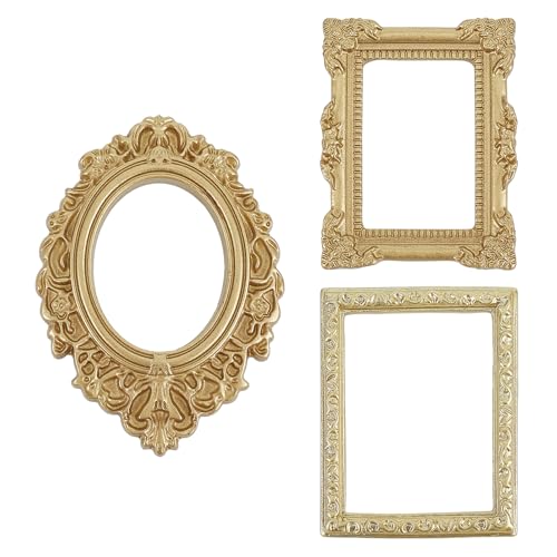 NICENEEDED 3PCS Mini Vintage Resin Picture Frame, Gold Small Picture Frames, Oval Rectangle Wall Hanging Antique Photo for Jewelry Display Holiday Party Hotel Decor