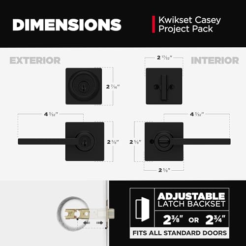 Image of Kwikset Casey Square Front Door Lock Handle and Deadbolt Set, Entry Exterior with Interior Reversible Lever, Matte Black, Project Pack, Pick Resistant SmartKey Rekey Deadbolt Security