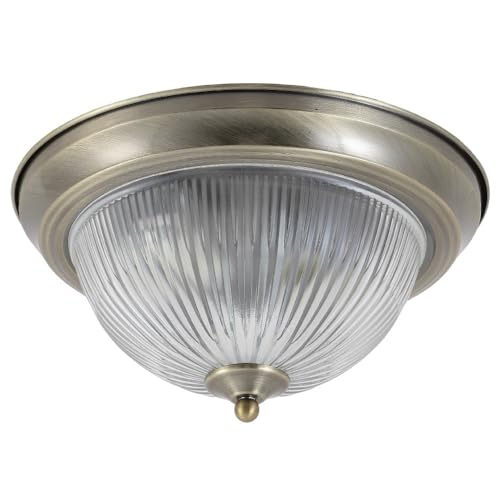 Britalia Antique Brass & Clear Ribbed Glass Bathroom Vintage Round Flush Ceiling Light | 29cm Diameter | 2 x SES E14 Lamps Required | IP44 Rated | Low Profile Height of 15cm | American Diner