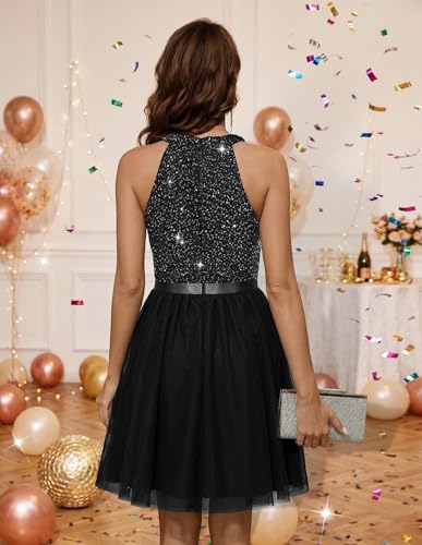 Image of Dressystar Women's Sequin Short Prom Dress Sparkly Halter Tulle Cocktail Party Homecoming Dresses