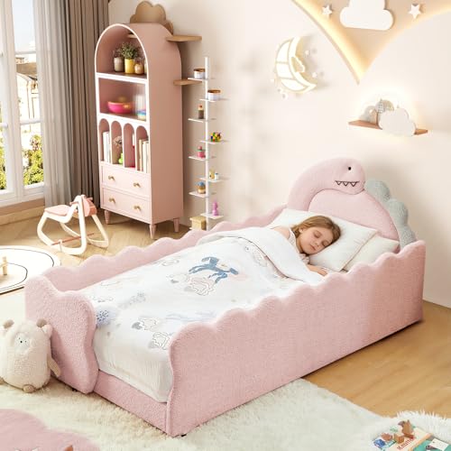 Image of Twin Size Kids Floor Bed Frame, Upholstered Montessori Platform Bed Cute Dinosaur-Shaped Daybed Frame for Girls Boys, No Box Spring Required, Pink