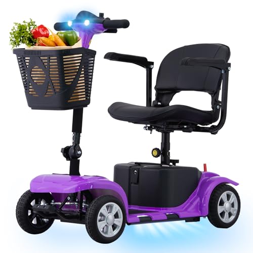 SUNDERWELL Mobility Scooter for Seniors, Adults, 4 Wheels Removable Electric Powered Chargeable Device, Foldable and Portable, with LED Headlights and Basket, Charger Include (Purple/Black)