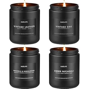 Auelife Candles for Men Scented Candles, Scented Candles Set Soy Candles for Home Him, 4 Pack Mens Candles Gifts for Men Scents of Leather/Oak/Magnolia & Sandalwood/Amber Patchouli