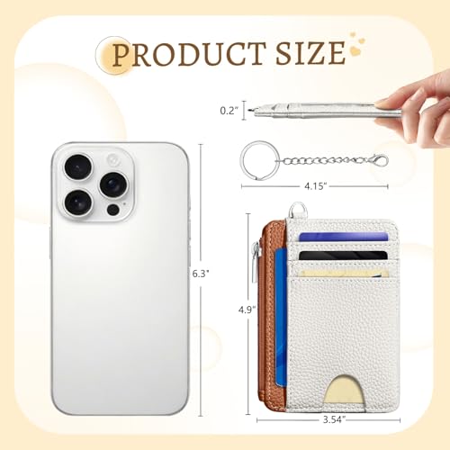 Image of Kelvoris White Caramel Credit Card Holder Small Wallet Women, Slim RFID | Keychain, Zipper Coin Pocket, Front Pocket Thin Travel Card Case, Minimalist, 6 Card Slots, 1 ID Window, Ladies Gifts Woman
