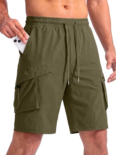Crastimo Mens Hiking Cargo Shorts Quick-Dry 11''Water Resistant Drawstring Wlastic Waist 4 Multi-Pockets Pants Fishing Travel Casual Green 3XL