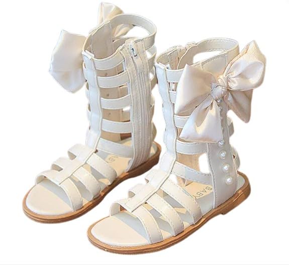 Girls gladiator sandals - Toddler girl gladiator shoes- Bowknot & Pearl, Side Zipper, Open Toe Shoe